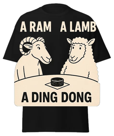 Black unisex t-shirt with off-white ram and lamb cartoon graphics reading "A RAM A LAMB A DING DONG" – funny graphic tee