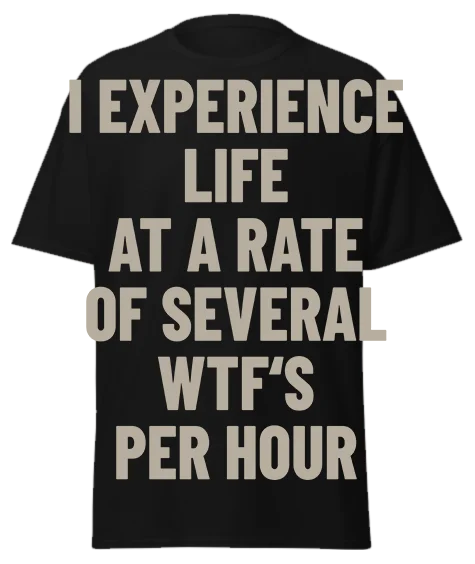 Black unisex t-shirt with off-white text reading "I EXPERIENCE LIFE AT A RATE OF SEVERAL WTF'S PER HOUR" – funny sarcastic graphic tee