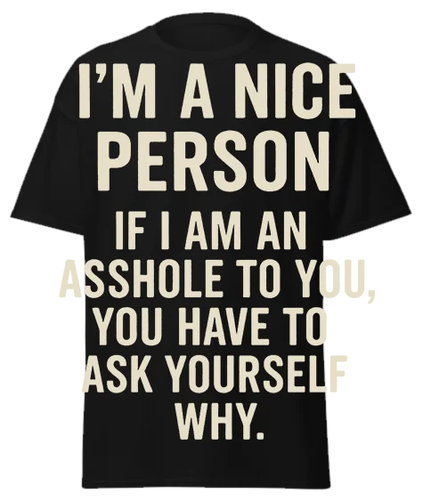 Black unisex t-shirt with off-white text reading "I'M A NICE PERSON IF I AM AN ASSHOLE TO YOU, YOU HAVE TO ASK YOURSELF WHY." – funny sarcastic graphic tee