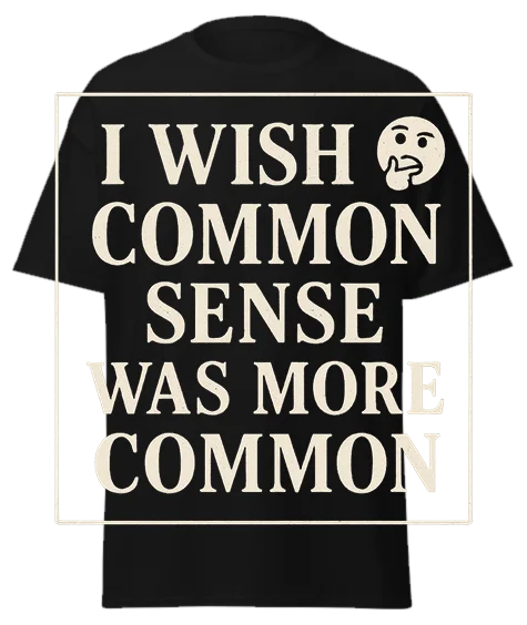 Black unisex t-shirt with off-white text reading "I WISH COMMON SENSE WAS MORE COMMON" and thinking emoji – funny sarcastic graphic tee